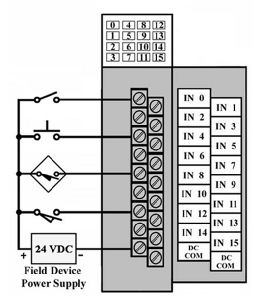 The voltage that would be present between the DC common and terminal 4 with the pushbutton open would be approximately   A) 0 volts. B) 6 volts. C) 12 volts. D) 24 volts.