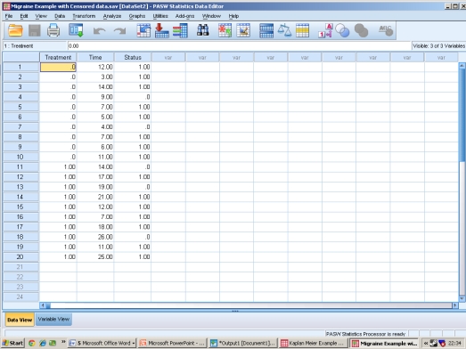 In the following SPSS screenshot what does the third column represent?   A) Whether or not the participants are employed B) Whether or not the participants were randomised into the study C) Whether or not the participants received the treatment D) Whether or not the participants experienced the event of interest during the study