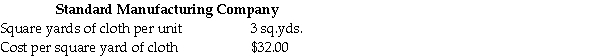 Standard Manufacturing Clothing Curtain reported the following information:   Required Compute the standard direct material cost per curtain. A) $90 B) $92 C) $94 D) $96 E) $98