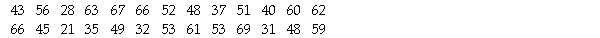 In a survey,26 voters were asked their ages.The results are shown below.Construct a histogram to represent the data (with 5 bins beginning with a lower bin limit of 19.5 and a bin width of 10).What is the approximate age at the centre?