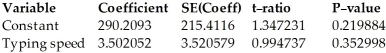 The typing speeds (in words per minute)and reading speeds (in words per minute)of nine randomly selected secretaries were recorded.Using a 10% level of significance,use the regression analysis provided below to determine if there is sufficient evidence of an association between typing speed and reading speed. Dependent variable is: Reading speed R-squared = 12.385% s = 100.3348 with 9 - 2 = 7 degrees of freedom  
