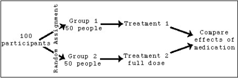 A double-blind experiment of an allergy medication is being tested on 100 participants according to this diagram:   If Group 2 receives a full dose of the medication,what should Group 1's treatment consist of? A) Blocked doses B) A 50% dose C) Stratified doses D) A placebo E) Randomized doses