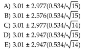 A professor was curious about her students' grade point averages (GPAs). She took a random Sample of 15 students and found a mean GPA of 3.01 with a standard deviation of 0.534. Which of The following formulas gives a 99% confidence interval for the mean GPA of the professor's Students?
