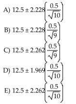 A coffee house owner knows that customers pour different amounts of coffee into their cups. She Samples cups from 10 costumers she believes to be representative of the customers and weighs the Cups, finding a mean of 12.5 ounces and standard deviation of 0.5 ounces. Assuming these cups of Coffee can be considered a random sample of all cups of coffee which of the following formulas Gives a 95% confidence interval for the mean weight of all cups of coffee?