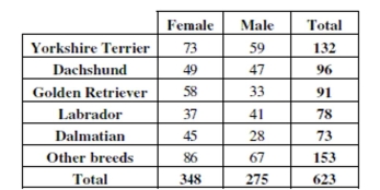 To determine if people's preference in dogs had changed in the recent years, organizers of a local dog show asked people who attended the show to indicate which breed was their favorite. This information was compiled by dog breed and gender of the people who responded. The table summarizes the responses.   -Write a sentence or two about the conditional relative frequency distribution of the breeds among female respondents.