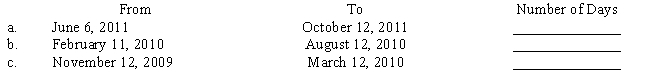 Compute the number of days upon which interest would be computed in the following situations. Check for leap years. ​  