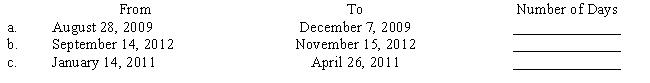 Compute the number of days upon which interest would be computed in the following situations. Check for leap years. ​  