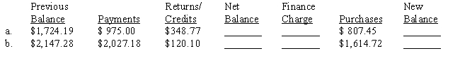 Bill's Appliance Store offers the following credit terms: The finance charge is based upon the net balance if payment is made within 25 days of the billing date. If payment is made after 25 days, then the finance charge is based on the previous balance. Net balance equals previous balance less payments, returns and credits. In either case, the monthly interest rate is 1.25% on the first $750 of the net balance and 0.75% on any amount over $750.Compute the net balance, the finance charge, and the new balance for the two customers shown below. Assume that both payments were made within the 25-day period. ​  <div style=padding-top: 35px> 