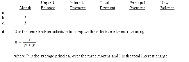 Cathy Cortez-Ochoa borrowed $4,000 from her uncle who amortized the loan at 4.5% over 3 months. Using Table 14-1, the first two monthly payments are $1,343.35 each. (The last payment may be slightly different.) Complete the amortization schedule and solve the effective rate problem.  