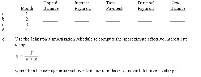 Bill and Dick Johnston wanted to borrow $15,500 for four months for their business. A local bank offered to make a loan to be amortized at 12%. Using Table 14-1, the first three monthly payments are $3,972.36 each. (The last payment may be slightly different.) Complete the amortization schedule and solve the effective rate problem. ​  