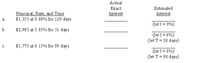 In each problem, (1) compute the actual exact interest (365-day year) and (2) estimate the interest by rounding the principal to the nearest hundred dollars. For each estimate, assume that a year has 360 days and use the given suggestion to create a shortcut.​ ​  