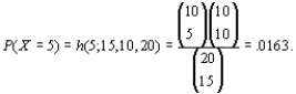 a. Possible values of X are 5,6,7,8,9,10. (In order to have less than 5 of the granite, there would have to be more than 10 of the basaltic).   Following the same pattern for the other values, we arrive at the pmf, in table form below.   b. P(all 10 of one kind or the other) = P(X = 5) + P(X = 10) = .0163 + .0163 + .0326 c. E(X) = n . ( M / N) = 15 (10 / 20) = 7.5; V(X) = (5/19) (7.5) [1 - (10/20)] = .9869;   = .9934   7.5   .9934 = (6.5066, 8.4934), so we want P( X = 7) + P( X = 8) = .3483 + .3483 = .6966