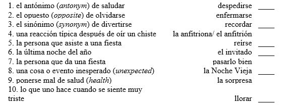 Match each definition with the most logical word or phrase   