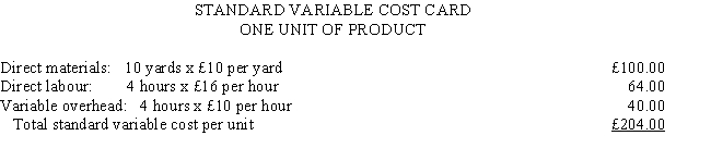 Lisle Manufacturing has developed the following standards for one of its products: The company records materials price variances at the time of purchase. During August, Lisle purchased 16,000 yards of material costing £169,600 and used 12,500 yards in its manufacturing process. There was no material inventory at August 1. Lisle recorded a total of 4,600 direct labour hours worked for a total payroll of £72,680. Lisle manufactured 1,200 units in August. Required:     a. Calculate the materials price variance and indicate whether it is favorable or unfavorable. b. Calculate the materials usage variance and indicate whether it is favorable or unfavorable. c. Calculate the labour rate variance and indicate whether it is favorable or unfavorable. d. Calculate the labour efficiency variance and indicate whether it is favorable or unfavorable.
