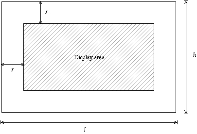 A picture frame has a length l = 12 inches and a height h = 5 inches (see figure). If the frame width is x inches, write an expression for the display area of the frame.  