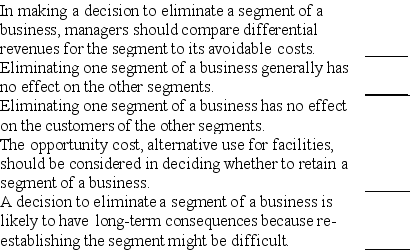 Indicate whether each of the following statements is true or false.   