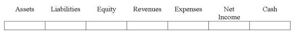 Indicate how each event affects the elements of financial statements.Use the following letters to record your answer in the box shown below each element.Use only one letter for each element.You do not need to enter amounts.    -Jim Caldwell and Pam Ennis,both CPAs,began their new partnership by each contributing $50,000 to their business.Indicate the effects of this transaction on the financial statements.   