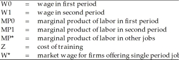 Table 5.1 Two-Period Training Model    -A profit-maximizing firm which wants to provide firm-specific training to its workers will pay ________ in the training period and ________ after training is completed. (See Table 5.1 for definitions of abbreviations.)  A)  W*; W* B)  more than W*; more than W* C)  less than W*; less than MP1 D)  more than MP*; more than MP*