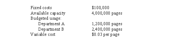 (CMA)  The printing department supplies copy and printing support for both Departments A and B and has prepared its total budget using the following information for next year:   Assume that the single rate method of cost allocation is used and the allocation base is budgeted usage. How much photocopying cost will be allocated to Department B using budgeted costs and usage? A)  $72,000 B)  $122,000 C)  $132,000 D)  $138,667
