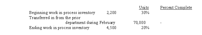 Maka Manufacturing uses the weighted average method of process costing. You are given the following information for Department 2 for February:   Suppose the conversion cost per equivalent unit is $2.10. How much conversion costs were transferred to the next department during February? A)  $137,550 B)  $142,170 C)  $147,000 D)  $151,620