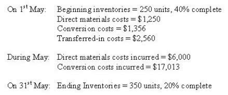 <strong>Zuniga Ltd uses a process costing system. During May, 1,200 units were transferred into Department 2 at a cost of $38,040. Direct materials are added at the beginning of the process. Additionally: Using the FIFO method, units transferred in and completed were</strong> A) 1,200 B) 1,100 C) 850 D) 1,450