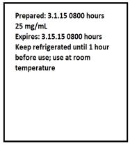 The nurse is reviewing the following label on a reconstituted medication.What is missing from this label?   A) Name of the medication B) Solution used to reconstitute the medication C) Initials of the person who reconstituted the medication D) The name,date,and signature of the prescribing health care provider 
