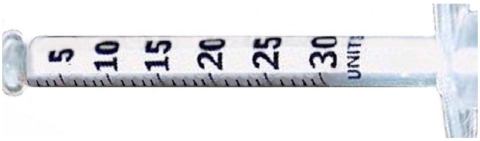 The nurse is determining the type of syringe to use for a client's injection.What is the type of this syringe?   A) 1 mL B) 5 mL C) Insulin D) Heparin 