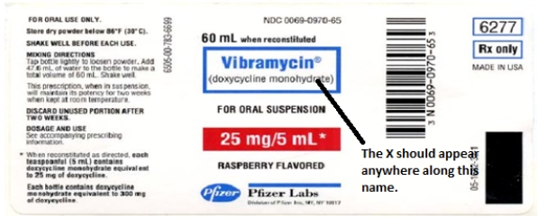 The nurse is preparing to administer a medication to the client and must find the generic name of the medication on the label to compare to the medication administration record.What is the generic name for this medication?   A) Vibramycin B) Doxycycline monohydrate C) Pfizer labs D) Raspberry 