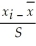 <strong>Which of the following is the z-score equation for the ith observation?</strong> A)Zt ₌   B)Zᵢ ₌   C)Z₁= (xᵢ ₋   )S D)Zᵢ =   <div style=padding-top: 35px> 