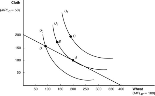 (Figure: Indifference Curves)  Of the following points of consumption, which is LEAST desirable for consumers?   A)  A B)  B C)  C D)  D