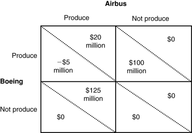 (Figure: Payoff Matrix for Airbus and Boeing with a Subsidy)  Using the payoff matrix below, if the European Union provides Airbus a subsidy, Airbus will ______airplanes and Boeing will _________airplanes.     A)  produce; produce B)  not produce; produce C)  produce; not produce D)  not produce; not produce