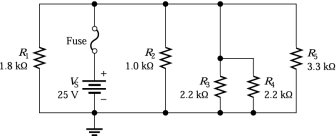    -The voltage across R2 is 0 V. What is most likely the problem? A) R1 open B) fuse open C) R2 open D) none of the above