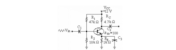   -Refer to the figure above. If R1 opened, and Vin at the base was large, Vout at the collector would A) increase. B) distort. C) decrease. D) remain the same.