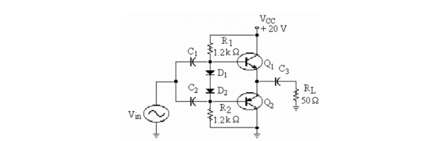   -Refer to the figure above. During the positive input alternation, Q1 is________ and Q2 is ______ . A) on, off B) off, off C) off, on D) on, on