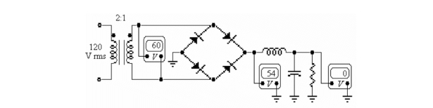   -Refer to the figure above. If the voltmeter across the transformer secondary reads 0 V, the probable trouble, if any, would be A) the inductor is shorted. B) the inductor is open. C) one of the diodes is open. D) an open transformer primary.