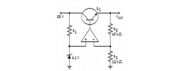   -Refer to the figure above. If a solder splash shorted the ends of R1 to each other, the result would be that A) Q1 would open. B) the output voltage would not change. C) the op- amp would fail. D) the zener would fail.