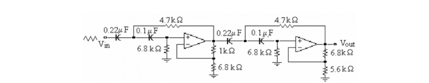   -Refer to the figure above. The cutoff frequency for the first filter section is______ the cutoff frequency for the second section. A) higher than B) lower than C) equal to D) None of the above.