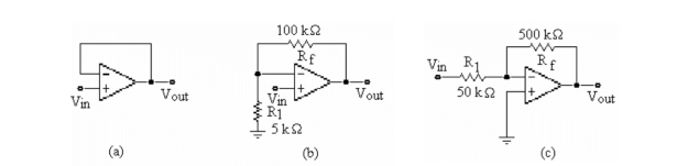   -Refer to the figure above. Which circuit is the inverting amplifier? A) a)  B) b)  C) c)  D) None of the above.