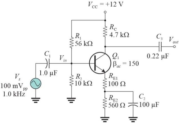 <strong> Figure 2 Refer to Figure 2. The voltage gain is approximately</strong> A)28 B)47 C)39 D)19