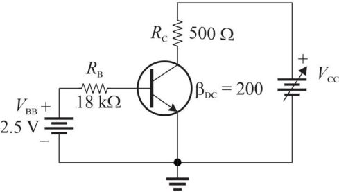   Figure 3 The transistor has the following ratings: P<sub>D(max) </sub>= 650 mW, V<sub>CE(max) </sub>= 40 V, and I<sub>C(max) </sub>= 200 mA. -Refer to Fig 3. Assume VCC is lowered to 15 V. The transistor is A) saturated B) in the linear range C) cutoff