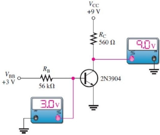   Figure 7 -Refer to Figure 7. Assume a single problem accounts for the readings. From the readings, you can conclude that A) RB is open B) the base- collector junction is open C) the base- emitter junction is open D) R<sub>C </sub>is shorted