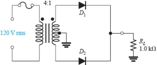   Figure 1 -For the circuit in Figure 1, assume ideal diodes. The peak inverse voltage is approximately A) 42 V B) 21 V C) 36 V D) 0 V