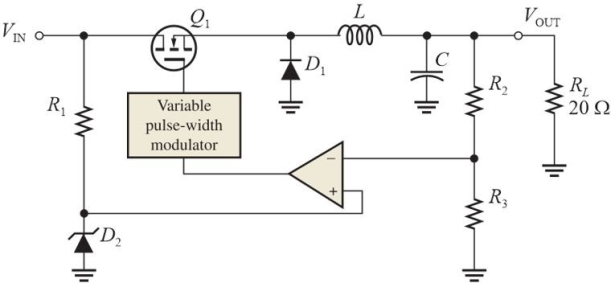   Figure 3 Assume ideal components. -Refer to Figure 3. Assume VIN can vary between +15 V and +18 V. To obtain an output of +12 V, the duty cycle must vary between A) 80% and 90% B) 33% and 67% C) 67% and 80% D) 20% and 33%