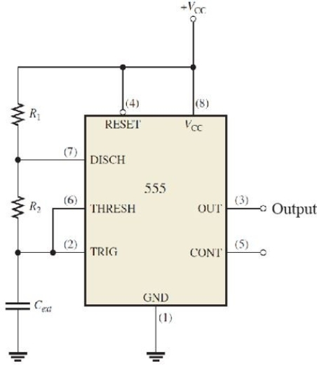   Figure 6 -Refer to Figure 6. The circuit can be configured as a VCO by applying A) disconnecting the THRESH and applying a variable voltage to it B) a variable voltage to the CONT pin C) disconnecting the RESET and applying a variable voltage to it D) none of the above