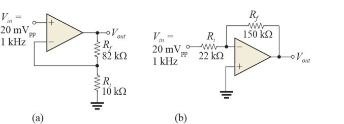   Figure 4 Both op- amps are compensated and have A<sub>OL </sub>= 100 dB and f<sub>T </sub>= 2 MHz. -Refer to Figure 4(b) . The closed loop bandwidth, fc(cl) , is A) 293 kHz B) 218 kHz C) 244 kHz D) 256 kHz