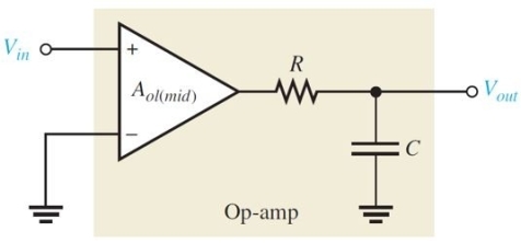   Figure 5 The RC components shown represent internal R and C of a compensated op- amp. -Refer to Figure 5. Assume the input frequency is equal to the critical frequency. The phase shift is A) -30° B) -90° C) 0° D) -45°