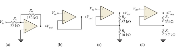   Figure 2 -Refer to Figure 2. The circuit with the highest absolute gain, |ACL|, is A) (a)  B) (b)  C) (c)  D) (d) 