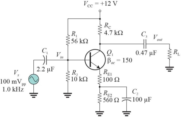   Figure 1 Assume r<sub>e</sub>' = 15 ▲. -Refer to Figure 1. If the RE1 is changed to a 33 ▲ resistor, the upper cutoff frequency A) increases B) decreases C) is unaffected