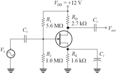 <strong> Figure 2 I<sub>GSS </sub>(max)= 100 pA. V<sub>GS </sub>= -2.4 V Refer to Figure 2. Assume RS is the only resistance seen by C2. The value of C2 that has a lower cutoff frequency of approximately 20 Hz is</strong> A)5.0 µF B)50 µF C)22 µF D)1.0 µF