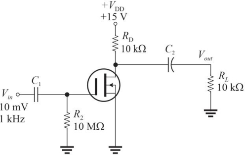 <strong> Figure 3 Refer to Figure 3. Assume the unloaded gain of the amplifier is 10. The ac equivalent Thevenin circuit looking back to the drain from C2 is</strong> A)Vth = 50 mV; Rth =5.0 k▲ B)Vth = 100 mV; Rth =5.0 k▲ C)V<sub>th </sub>= 100 mV; R<sub>th</sub><sub> </sub>=10 k▲ D)V<sub>th </sub>= 50 mV; R<sub>th </sub>=10 k▲